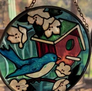 Stained Glass Bird and Birdhouse Art Sun Catcher (105)